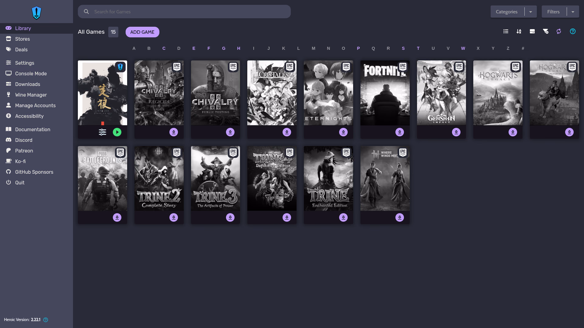 Heroic Games Launcher library showing games from connected PC game stores