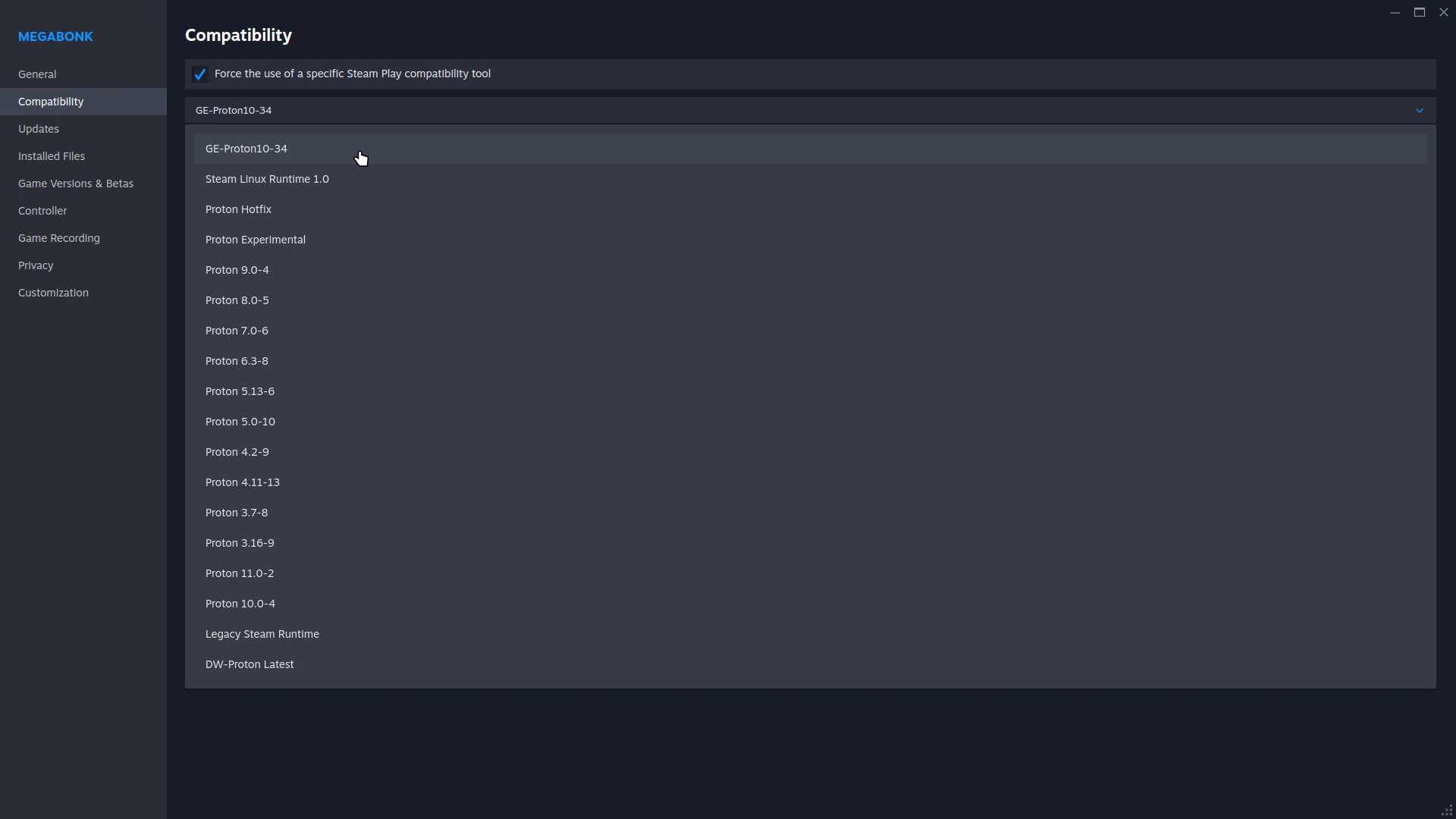 Steam game properties showing the Compatibility settings for running a Windows game with Proton